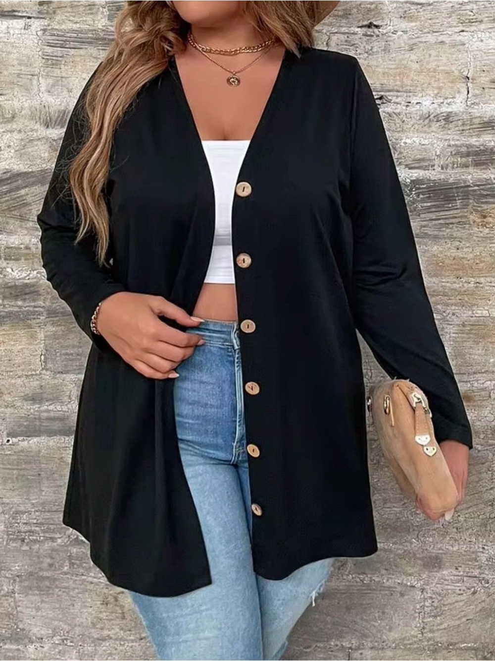 SHEIN Curve Black Long Sleeve Button Front Cardigan